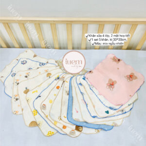 iuem Khăn sữa xô muslin cao cấp 4 LỚP VIỀN MÀU, set 5 khăn 2 mặt hoạ tiết xinh, dày dặn, thấm hút tốt, không bụi vải