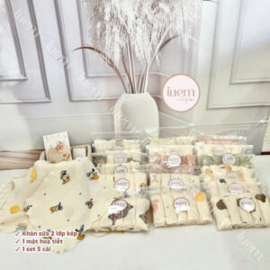 iuem Set 5 cái khăn sữa 2 lớp vải muslin cao cấp cho bé mềm mịn, không bụi vải, thấm hút nhanh