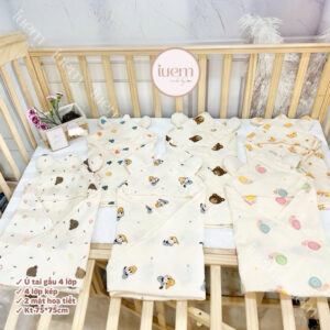 iuem Ủ đón bé xô muslin 4 lớp kt 75*75cm, 2 mặt hoạ tiết, mềm, thoáng, không bụi vải,kết hợp làm khăn tắm