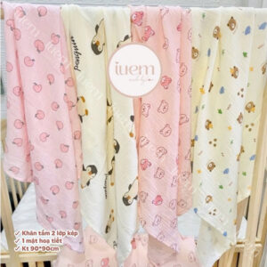iuem Khăn tắm xô Muslin 2lớp (1mặt hoạ tiết) cao cấp, mỏng nhẹ, thoáng mát, kt 88*90cm (+-2cm)