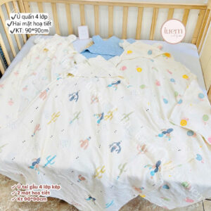 iuem Ủ CHOÀNG (size to 88*90cm) tai gấu 4 lớp có mũ, ủ hè mềm mát cho bé, kết hợp làm khăn tắm và áo choàng cho bé